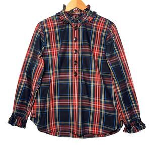 J.CREW Women’s Classic Fit Red Tartan Ruffle Long Sleeve Popover Top